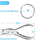 One Inch Binder Rings Set Of Fifty With Nickel Plated Metal Rings Includes Key Ring Clip And Hole Puncher