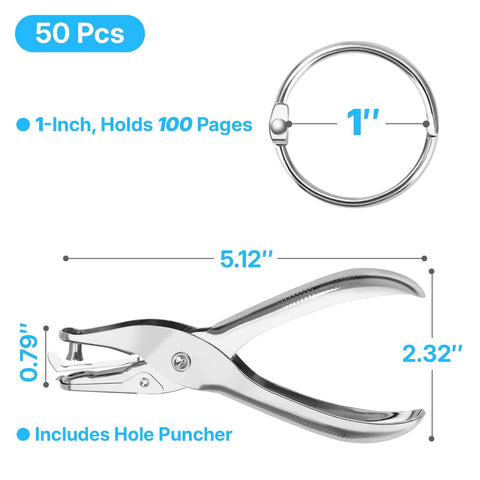 One Inch Binder Rings Set Of Fifty With Nickel Plated Metal Rings Includes Key Ring Clip And Hole Puncher