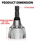 Heavy Duty External Chamfer Deburring Tool with 1/4 in HSS Hex Shank and carbide blades, showing dimensions for metal bolts 3-19 mm.