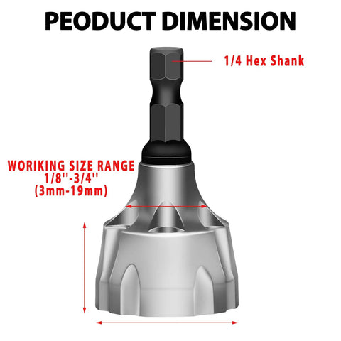 Heavy Duty External Chamfer Deburring Tool with 1/4 in HSS Hex Shank and carbide blades, showing dimensions for metal bolts 3-19 mm.
