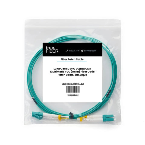 trueCABLE LC to LC OM4 fiber patch cable, 3 m, aqua, duplex multimode, OFNR-rated, UL Listed.