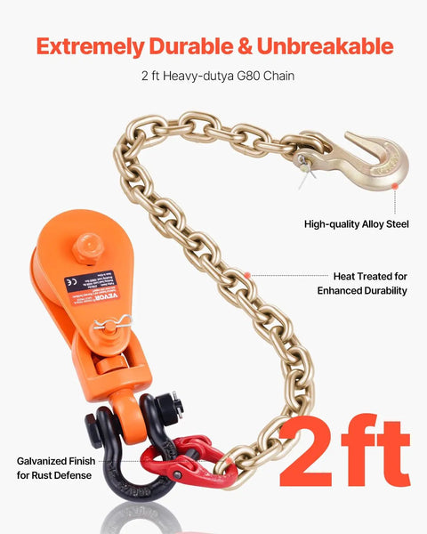 Beefed-Up 2-Ton Snatch Block With G80 Chain And Swivel Shackle, 3 Inch Sheave For 3/8 Inch Wire Rope, Heavy Duty Pulley For Towing And Recovery On Flatbed Tow Trucks Rollbacks And Wreckers, orange block with chain