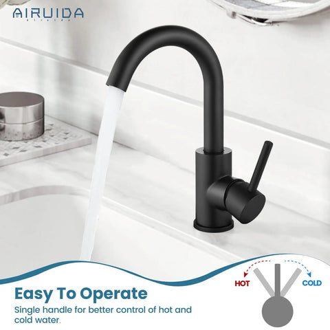 Matte Black Single Hole Bathroom Faucet With 360 Degree Swivel Spout, 304 Stainless Steel Vanity Sink Tap, One Handle, RV Friendly