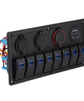 Eight Gang Rocker Switch Panel With Dual USB Outlets And Digital Voltmeter LED 12V 24V Marine Power Hub front view