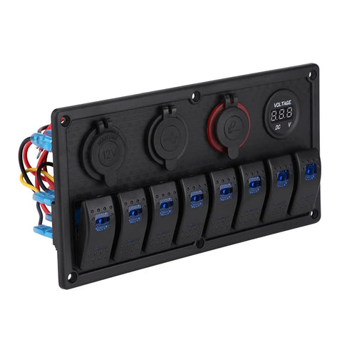 Eight Gang Rocker Switch Panel With Dual USB Outlets And Digital Voltmeter LED 12V 24V Marine Power Hub front view