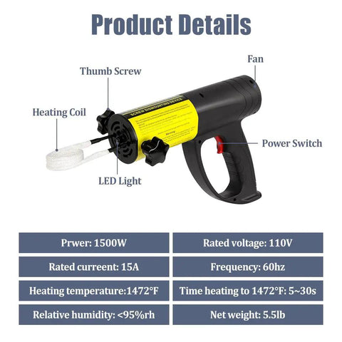 Heavy Duty 1500W Magnetic Induction Heater Kit For Rapid Bolt Removal And Frozen Bearing Extraction With Four Interchangeable Coils And Carry Case To Kick Loose Rusted Nuts Without Breaking A Sweat In Your Shop, displaying features and specifications.