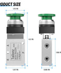 Green Mushroom Push Button Pneumatic Valve With Manual Control, 3 Way 2 Position, 1/4 NPT Ports Inlet Outlet Exhaust dimensions