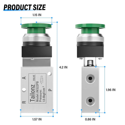 Green Mushroom Push Button Pneumatic Valve With Manual Control, 3 Way 2 Position, 1/4 NPT Ports Inlet Outlet Exhaust dimensions