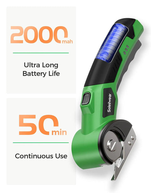 Cordless Cardboard Cutter With Rechargeable 4V Motor electric box cutter with LED light and two blades, 2000mAh, 50 min runtime.