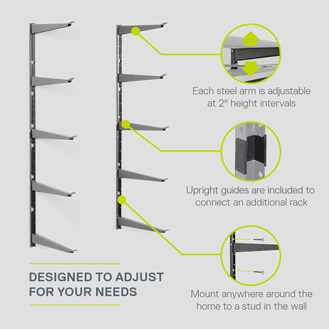 Heavy Duty Wood And Lumber Wall Storage Rack With 480 Lb Capacity Steel Mounted Three Tier Shelf adjustable arm details