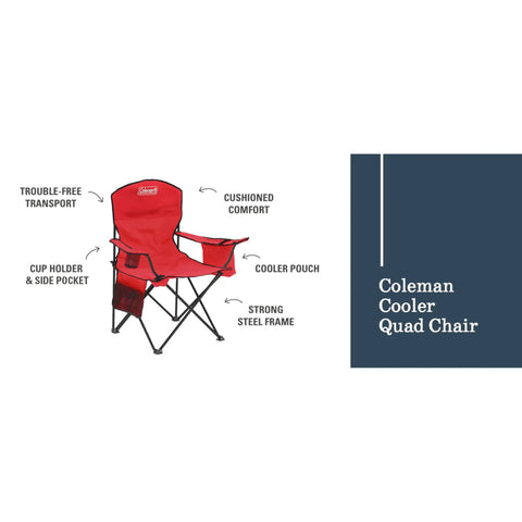 Red Portable Camping Chair With Built In Four Can Cooler, Cushioned Seat And Back, Handy Side Pockets And Cup Holder