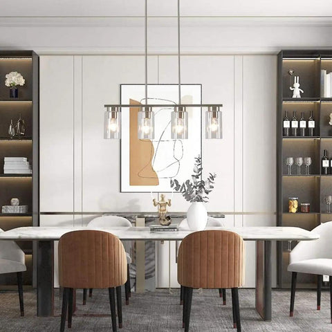Farmhouse Style 4 Light Dining Room Fixture With Clear Glass Shades And Brushed Nickel Finish for dining table lighting