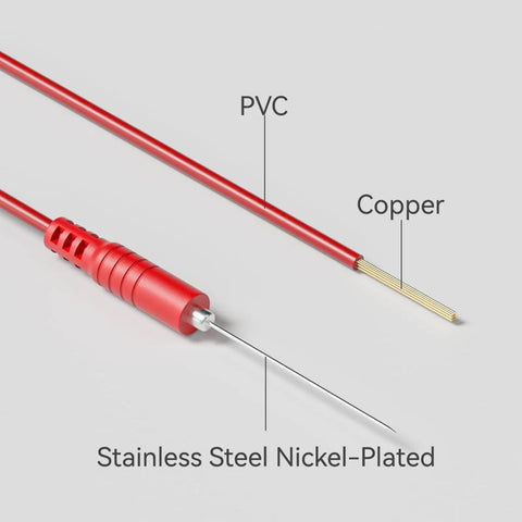 Close-up of red 4mm Banana Plug Test Leads Kit with wire piercing probes, PVC insulation, copper wire, and stainless steel tip.