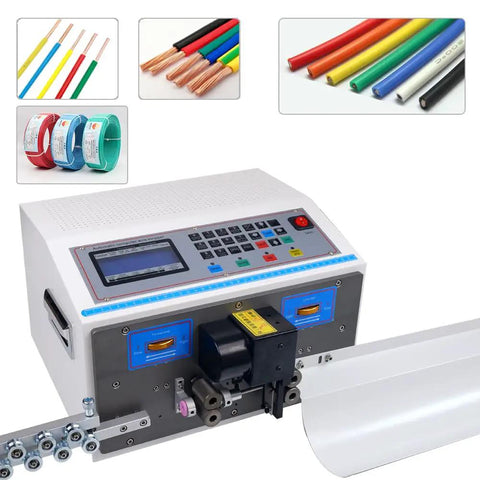 Pro Grade High Efficiency Wire Stripping Machine For 32 To 12 AWG Copper Wires Auto Cut Tool, shown with wire samples