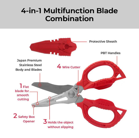 Heavy Duty 6.3 Inch Utility Scissors with 4 in 1 Blade System, red PBT handles, protective sheath, stainless steel blades