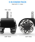 Dual Rubber Office Chair Wheels Two Inch Set Of Five Heavy Duty Casters Support Up To 2200 Pounds Quiet Rolling For Hardwood Floors And Carpets Universal Fit Seven Sixteenths By Seven Eighths Inch Black, front and side view