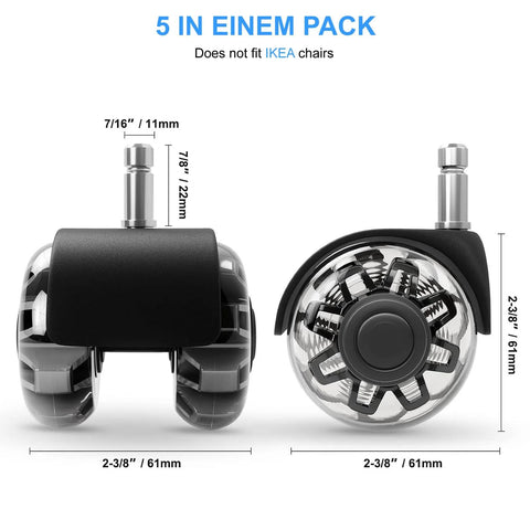 Dual Rubber Office Chair Wheels Two Inch Set Of Five Heavy Duty Casters Support Up To 2200 Pounds Quiet Rolling For Hardwood Floors And Carpets Universal Fit Seven Sixteenths By Seven Eighths Inch Black, front and side view