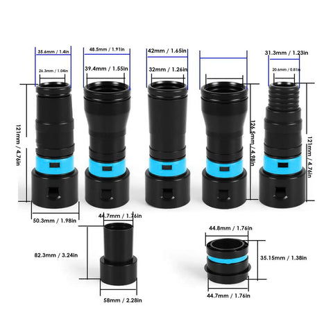 7Pcs Vacuum Hose Expansion Adapters With Dustcollection Quick Connectors And 360 Rotating Clip For 1-1-4 Inch Hoses in various sizes.
