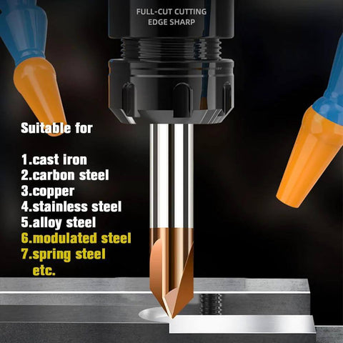 Carbide chamfer end mill with 1/4 in shank, gold-coated 3-flute cutter for alloy and hardened steels