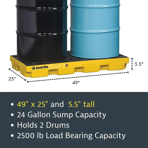 Two Drum Spill Containment Pallet Low Profile HDPE Tray for Drums, Yellow Accumulation Center, 24 Gallon Capacity, 55 Gallon Drum Containment, Made in USA