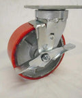 Rock Solid Smooth Riding 6 Inch Polyurethane Swivel Casters With Top Lock Brakes And Steel Cores, red caster wheel with locking mechanism.