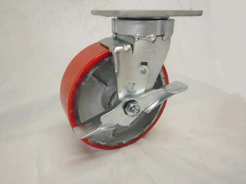 Rock Solid Smooth Riding 6 Inch Polyurethane Swivel Casters With Top Lock Brakes And Steel Cores, red caster wheel with locking mechanism.