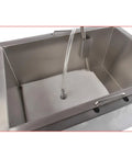 Heavy Duty 55 Liter Commercial Fryer Oil Filter Cart With Robust Stainless Steel Build showing the inside filtration system.
