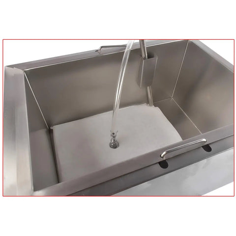 Heavy Duty 55 Liter Commercial Fryer Oil Filter Cart With Robust Stainless Steel Build showing the inside filtration system.
