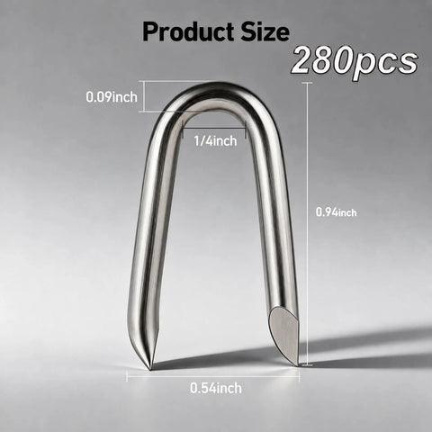 Close-up of galvanized U-shaped nail with size dimensions, part of 280 Piece Galvanized Steel Fence Staples Set For Wire Mesh And Woven Fencing, Heavy Duty U Shaped Nails With Storage Box For Garden, Farm, And Home Fence Repairs