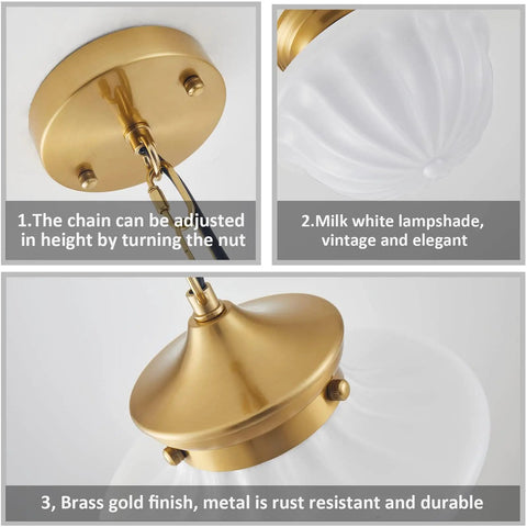 Details of Schoolhouse Pendant Light Fixture 9 Inch Brass Gold Milk Glass Shade Adjustable Mid Century Ceiling Pendant