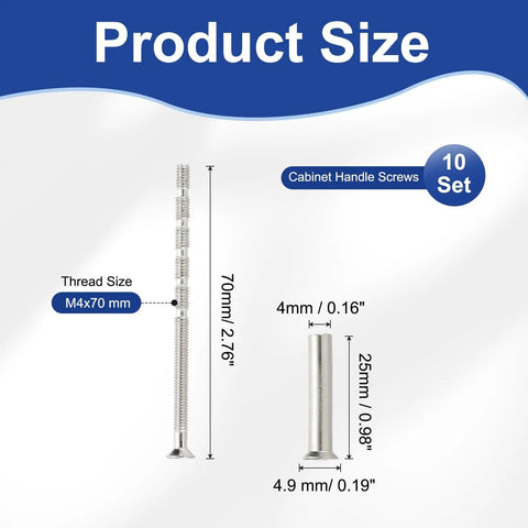 M4x70 Door Handle Screws 10 Pack Cabinet Drawer Pull Fasteners With M4x25 Sleeve Bolts Breakaway Hardware, product size diagram
