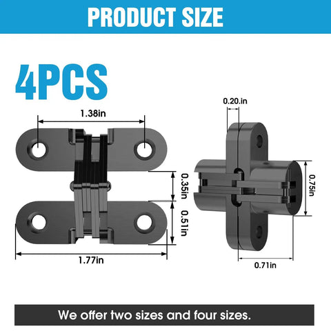 Invisible Cabinet Door Hinges 180 Degree Sweep Hidden Cross Hinge 4 Pack For Frameless Furniture No Sweat Setup Smooth Rotation dimensions infographic