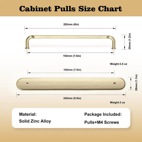 Size chart for Champagne Bronze Cabinet Pulls 2 Pack With Backplates, 7.5 Inch Center To Center Zinc Alloy Handles