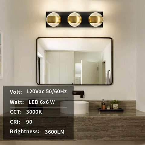 Modern Up And Down LED Vanity Light 36W With Built In LEDs In Black Gold Finish over bathroom mirror, 3000K warm white light