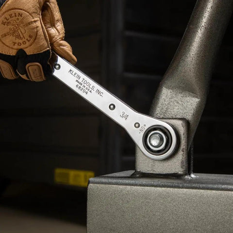 Ratcheting Box Wrench Set SAE One Quarter Inch To Three Fourth Inch Five Piece Kit with Ten Sizes in use on a bolt