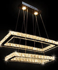 Two Ring Crystal Chandelier LED Ceiling Light In Stainless Steel, illuminated modern pendant fixture in dark background