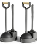 Heavy Hitter Toilet Brush And Plunger Set Featuring Curved Scour Bristles Gray Two Piece Bathroom Clog Knockout Kit with storage stand