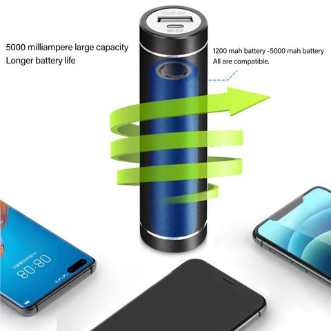 Hassle Free Diy Power Bank Kit Featuring Spring Loaded Battery Holder For 18650 And 21700 Cells Hella Tough Aluminum Alloy Shockproof Portable Charger Quick Swap shown with two smartphones and blue aluminum casing.