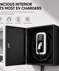 Built Different Wall Mounted EV Charger Protection Box with Lock Outdoor Weather Resistant Drip Proof Canopy Shields EVSE Against Rain Snow and Dust Ventilated Storage for Secure Home Garage or Driveway Use with charger inside.