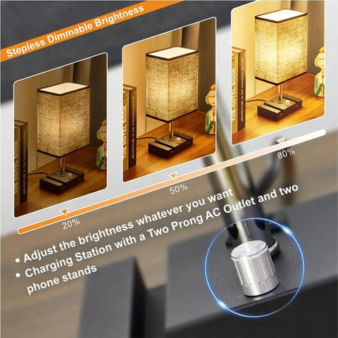 Fully Dimmable Bedside Table Lamp With Dual Phone Stands And AC Outlet Showing Stepless Brightness Adjustment Knob