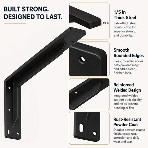 20 Inch Beefy Heavy Duty L Shelf Brackets Black Built From One Fifth Inch Cold Rolled Steel With Solid Welds For Ultra Stable Shelving, Perfect For Wood Metal Or Any Board Materials, Industrial Grade Support For Heavy Loads. Black 20-inch welded steel L bracket with 1/5-inch thick steel and rounded edges