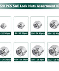 220 Pieces Nylon Insert Lock Nut Set in 304 Stainless Steel with inch thread sizes displayed in SAE lock nuts assortment kit.