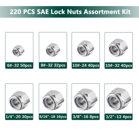 220 Pieces Nylon Insert Lock Nut Set in 304 Stainless Steel with inch thread sizes displayed in SAE lock nuts assortment kit.