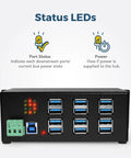 12 Port USB 3.2 Gen 1 Hub With Status LEDs Rugged Metal Chassis 5Gbps Data Transfer with power indicators