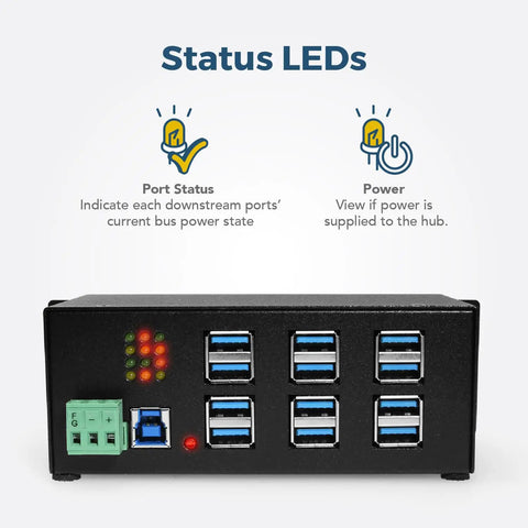 12 Port USB 3.2 Gen 1 Hub With Status LEDs Rugged Metal Chassis 5Gbps Data Transfer with power indicators