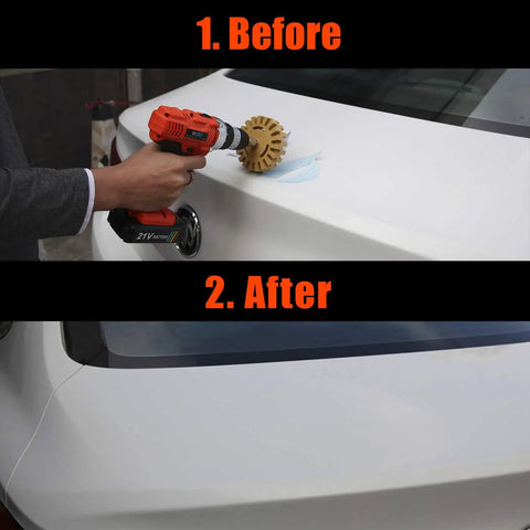 Using Pro Grade Eraser Wheel Decal Remover Kit For Cars And RVs, 13 Piece Auto Sticker Removal Tool Set With Drill Attachment on car trunk