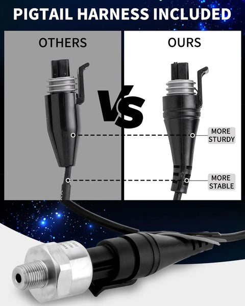 Comparison of 0 To 150 Psi Fuel Oil Pressure Transducer Sensor With One Eighth Inch NPT Thread And Harness Kit, stainless steel body.