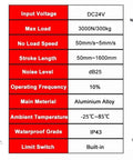 Straight Up Heavy Duty 3000N Load Four Piece Linear Actuators With Hall Controller For 24V DC Power showing specifications and design.