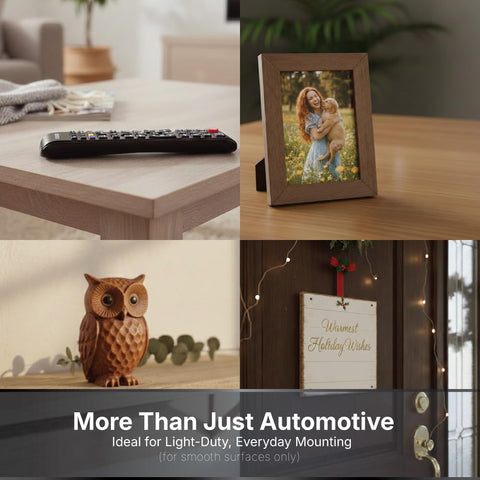 Living room and decor items featuring owl statue, photo frame, remote on table, ideal for light-duty mounting use.