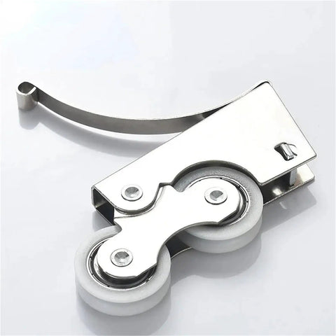 Heavy Duty Dual Wheel Caster Set, smooth sliding door roller with stainless steel finish and dual white wheels.